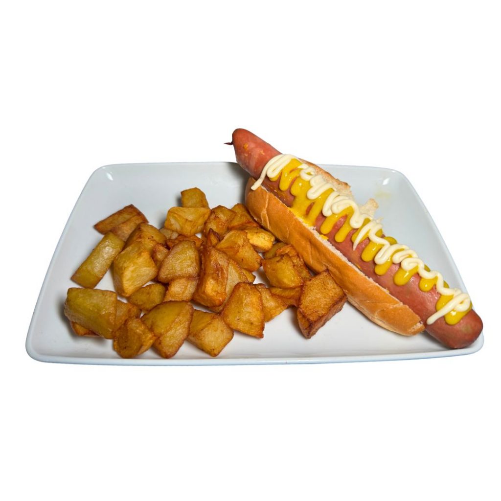 pan salchicha salsas y patatas fritas
