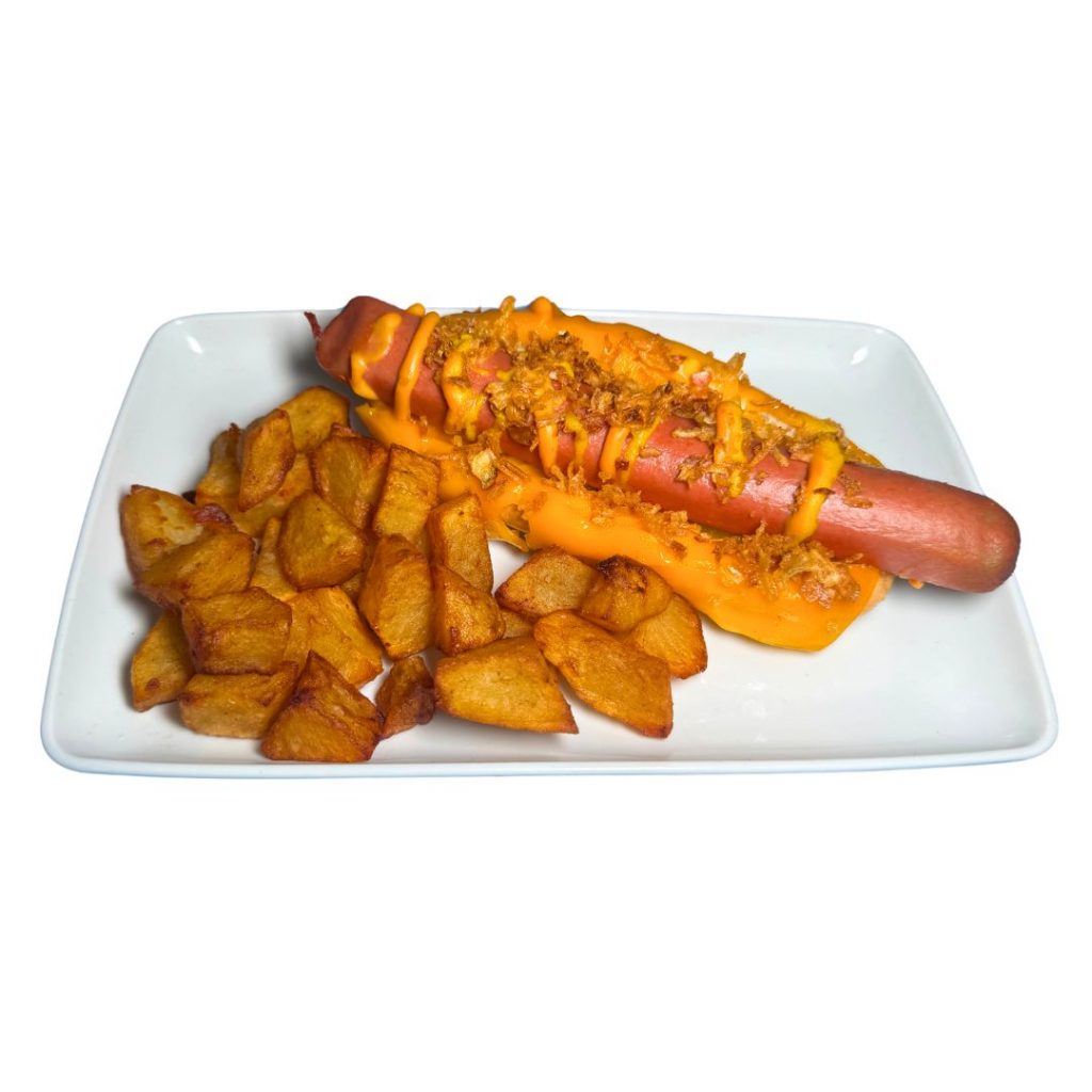 pan con salchicha aderezos salsas y patatas fritas